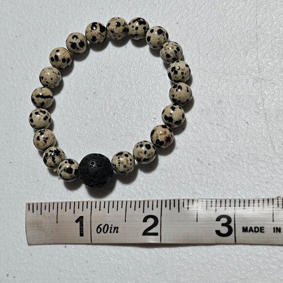 Dalmatian Jasper Lava Stone Beaded Stretch Bracelet Positive Joy Boho Jewelry - Picture 3 of 3